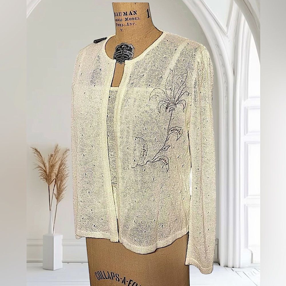 European Vintage Cream sequined embroidered tank and cardigan set size medium